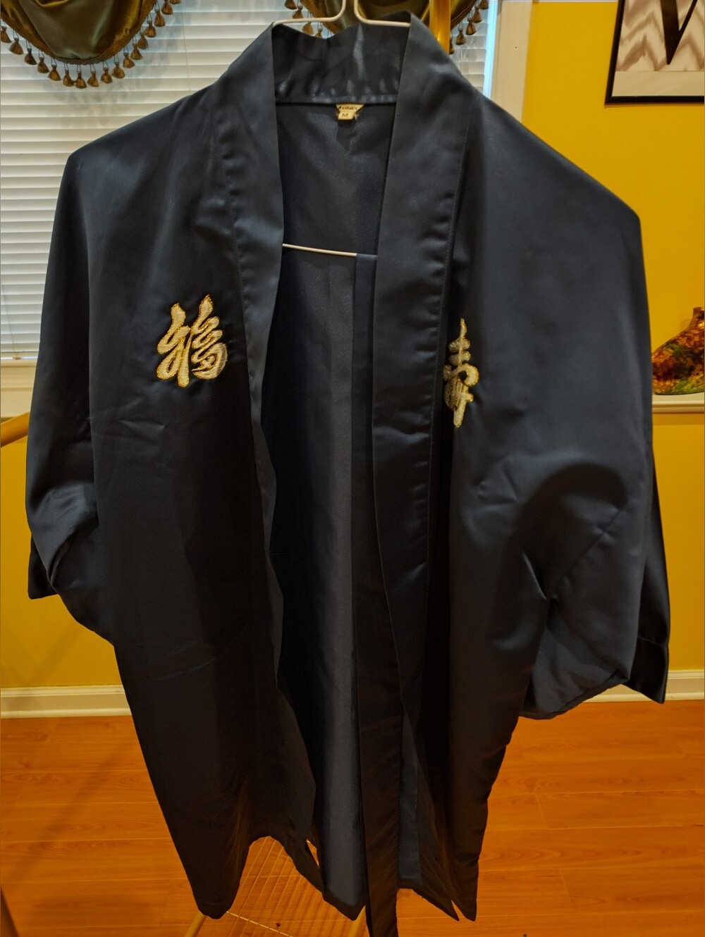 Navy Blue Satin Kimono Robe with Gold Embroidery *